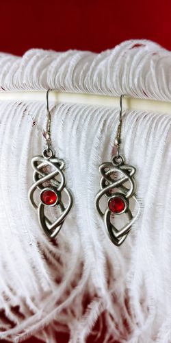 Celtic Owl Earrings with Red Crystal