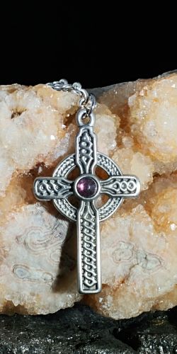 Celtic Cross Necklace with amethyst colored crystal